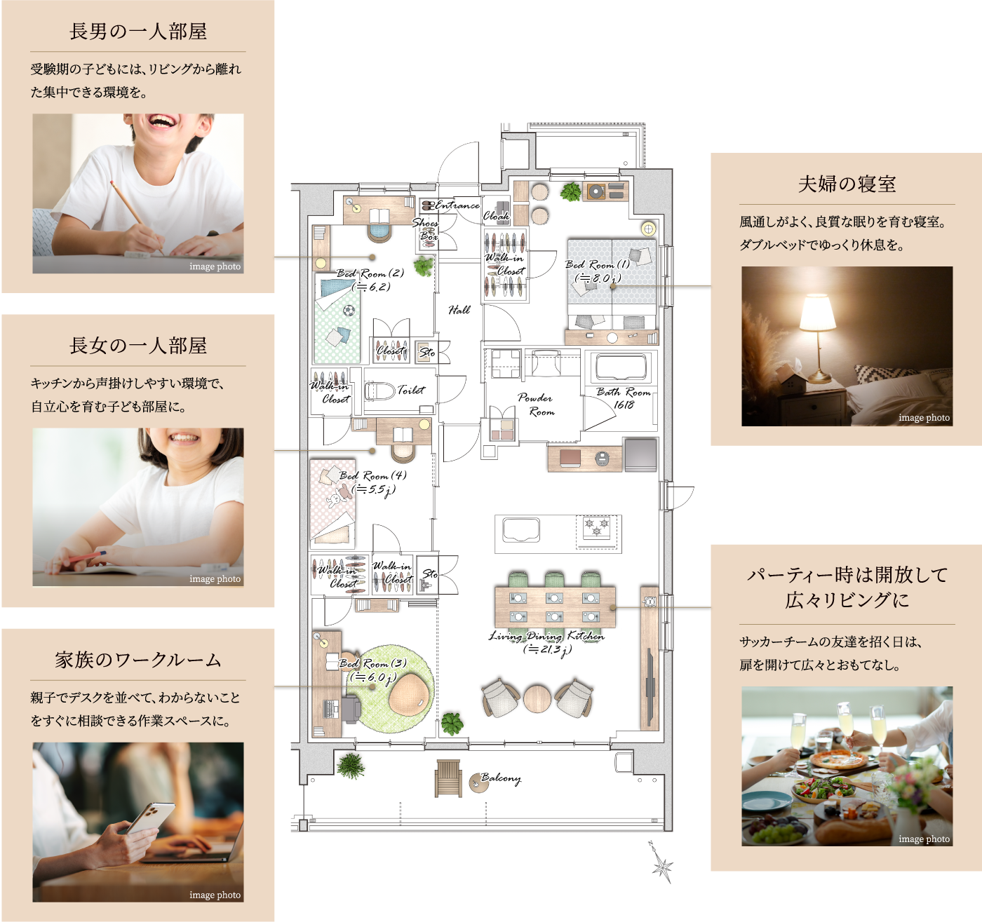 長男の一人部屋:受験期の子どもには、リビングから離れた集中できる環境を。|長女の一人部屋:キッチンから声掛けしやすい環境で、自立心を育む子ども部屋に。|家族のワークルーム:親子でデスクを並べて、わからないことをすぐに相談できる作業スペースに。|夫婦の寝室:風通しがよく、良質な眠りを育む寝室。ダブルベッドでゆっくり休息を。|パーティー時は開放して広々リビングに:サッカーチームの友達を招く日は、扉を開けて広々とおもてなし。