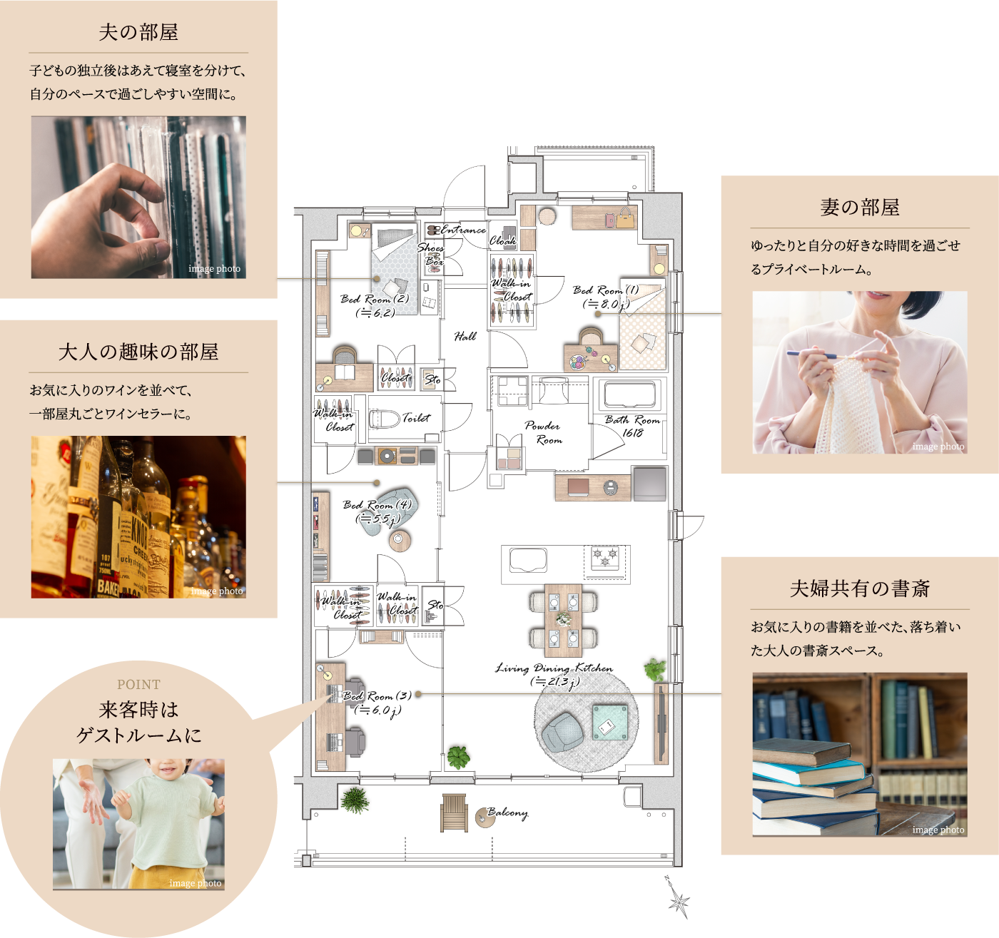 夫の部屋:子どもの独立後はあえて寝室を分けて、自分のペースで過ごしやすい空間に。|大人の趣味の部屋:お気に入りのワインを並べて、一部屋丸ごとワインセラーに。|妻の部屋:ゆったりと自分の好きな時間を過ごせるプライベートルーム。|夫婦共有の書斎:お気に入りの書籍を並べた、落ち着いた大人の書斎スペース。来客時はゲストルームに